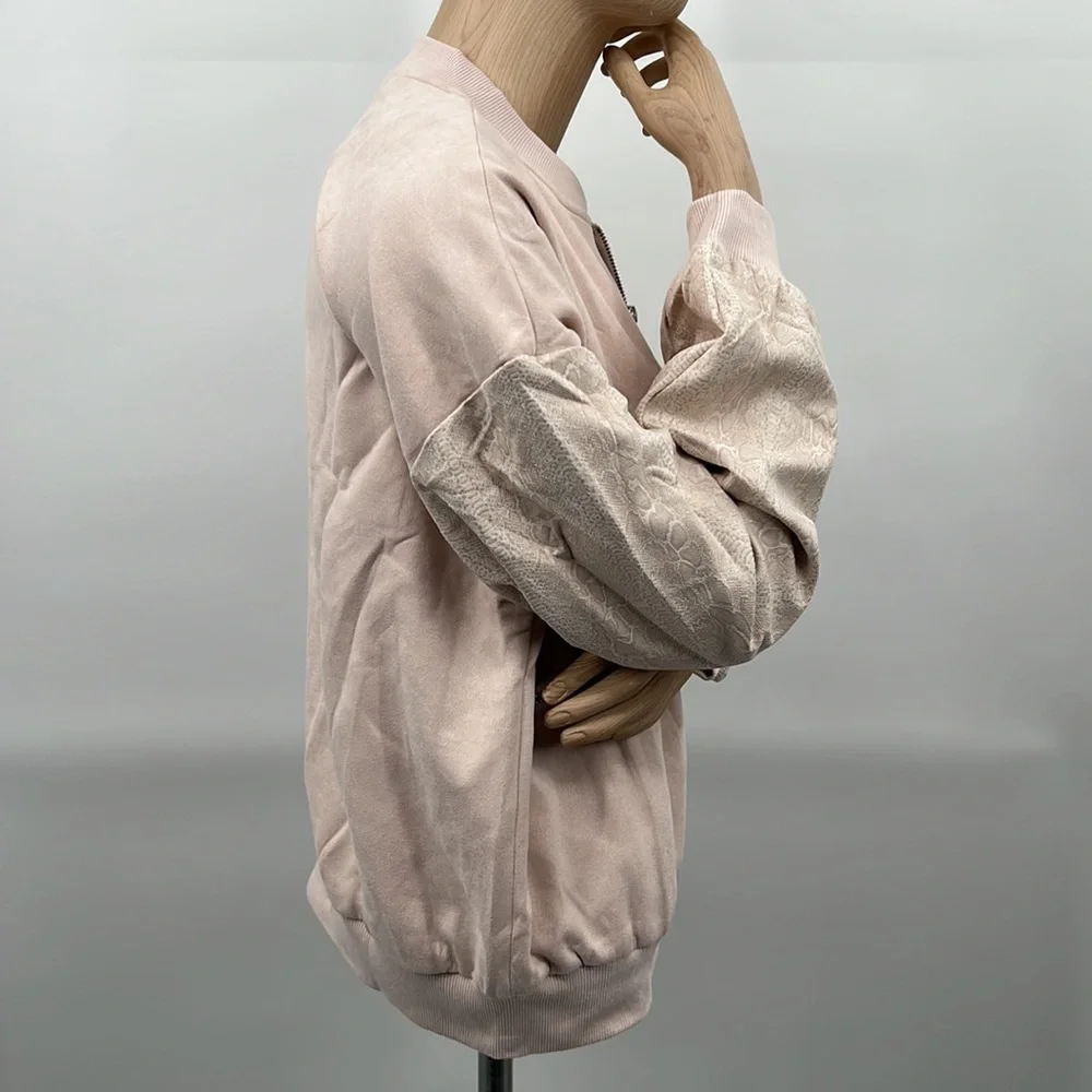 🆕Pink Bomber Jacket Snakeskin Sleeve Print New Blush Hem& Thread-Anthropologie - Picture 11 of 15